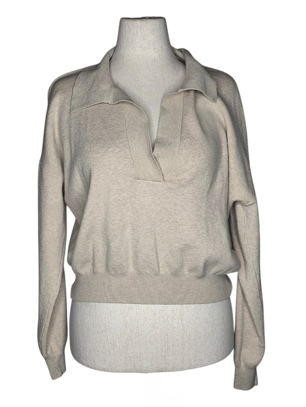 One Grey Day Beige Collared V Neck Knit Sweater Medium Soft Relaxed